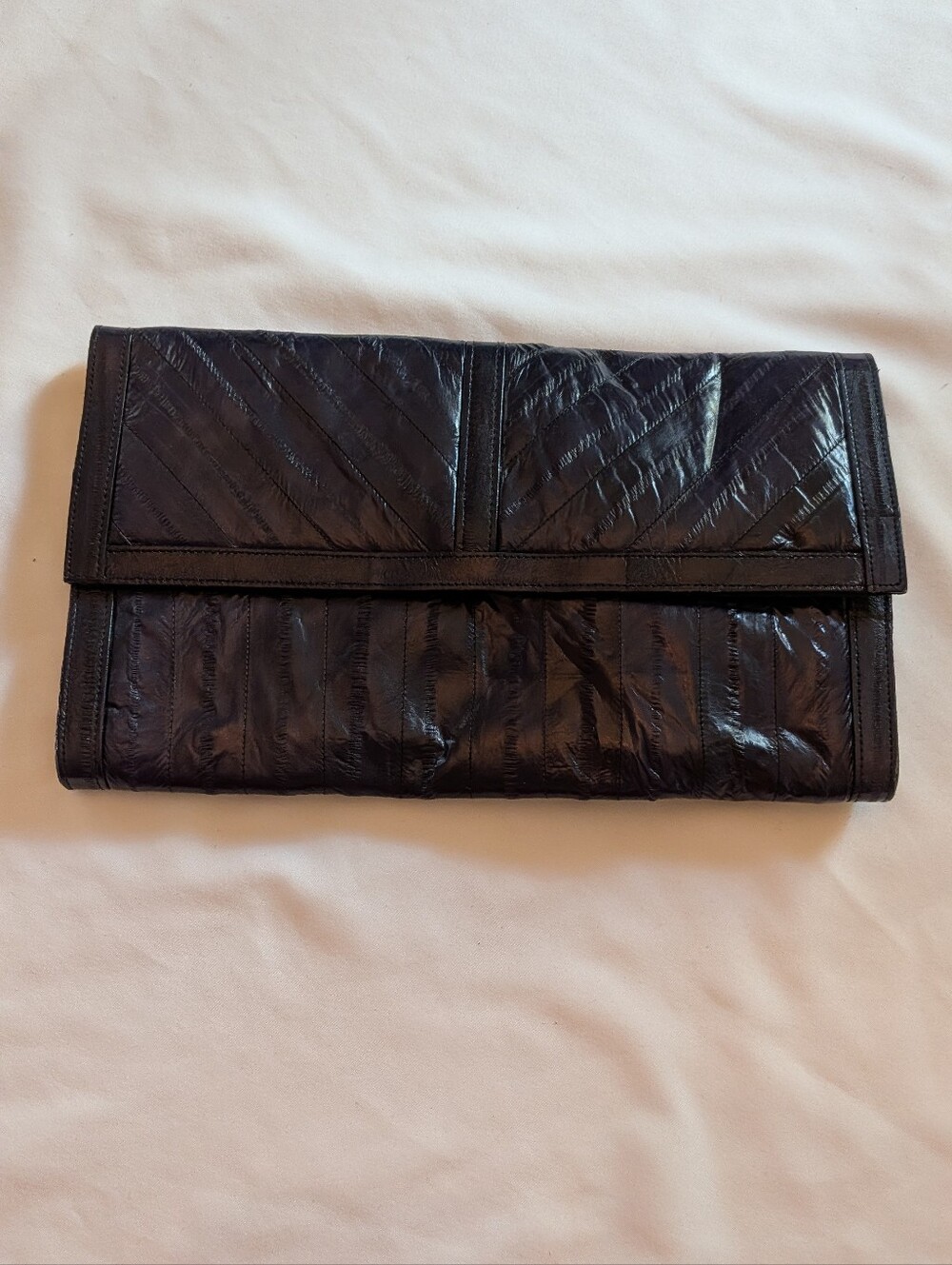 Vintage Black Quilted Fold-Over Eel Skin Clutch Bag